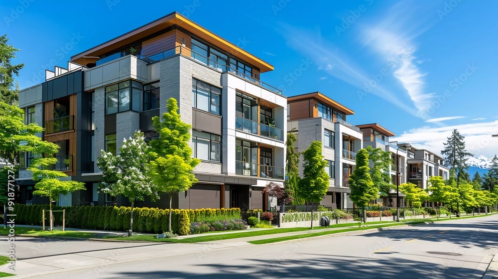 Fototapeta premium New Modern Apartment Building in Vancouver BC. Canadian modern residential architecture on a sunny day