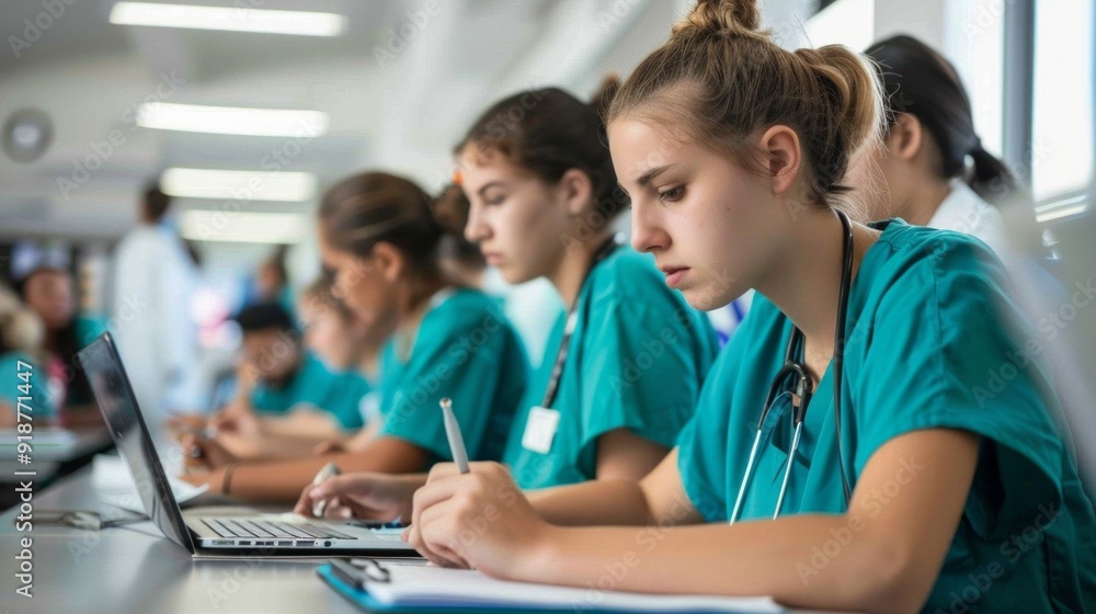 A group of young women in green scrubs are sitting at a table with laptops A group of young women in green scrubs are sitting at a table with laptops