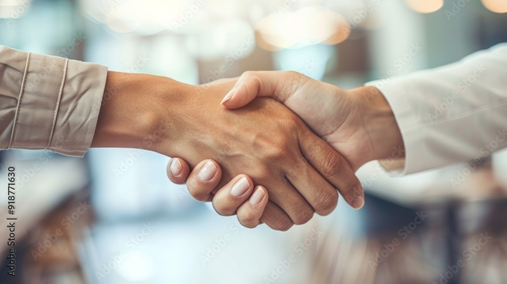 Two people shaking hands in a business setting Two people shaking hands in a business setting