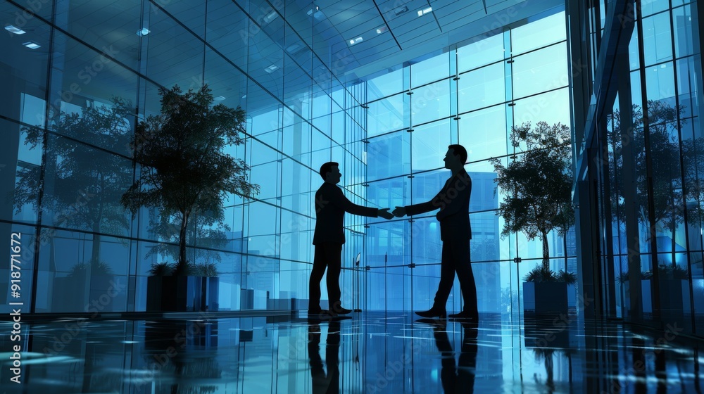 Two men shake hands in a large room with a blue background Two men shake hands in a large room with a blue background