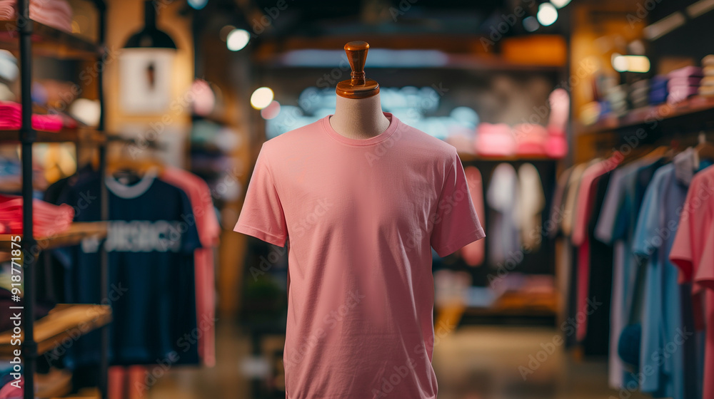 Pink plain t-shirt mockup in store displayed on mannequin, clothing store background, Ai generated Images Pink plain t-shirt mockup in store displayed on mannequin, clothing store background, Ai generated Images