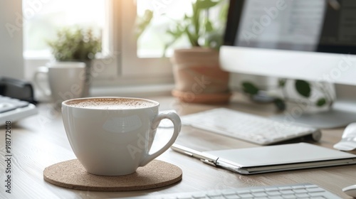 A white coffee cup sits on a coaster on a wooden desk