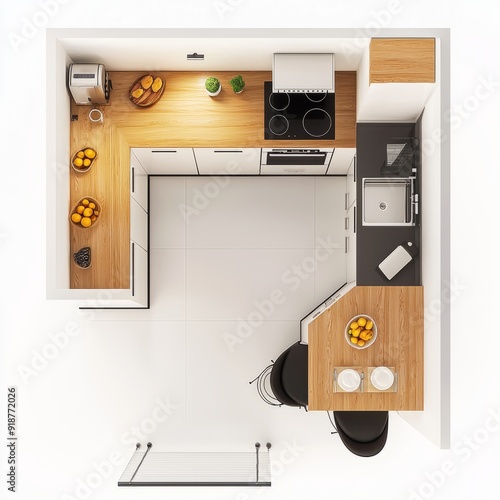 3D Render of an L-shaped kitchen with a breakfast bar, built-in oven, and ample counter space, floor plan, on isolated white background