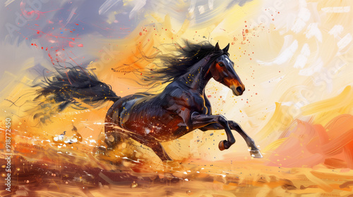 Hourse running painting or scene, front angle