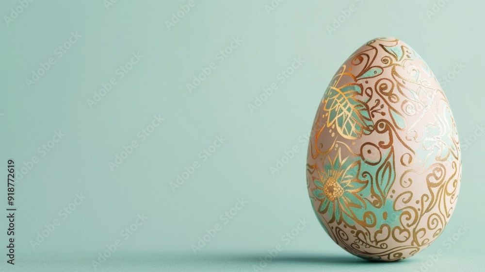 A gold and green painted egg with a floral design sits on a green background A gold and green painted egg with a floral design sits on a green background