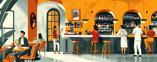 Tapas bar, lively dining experience, flat design illustration