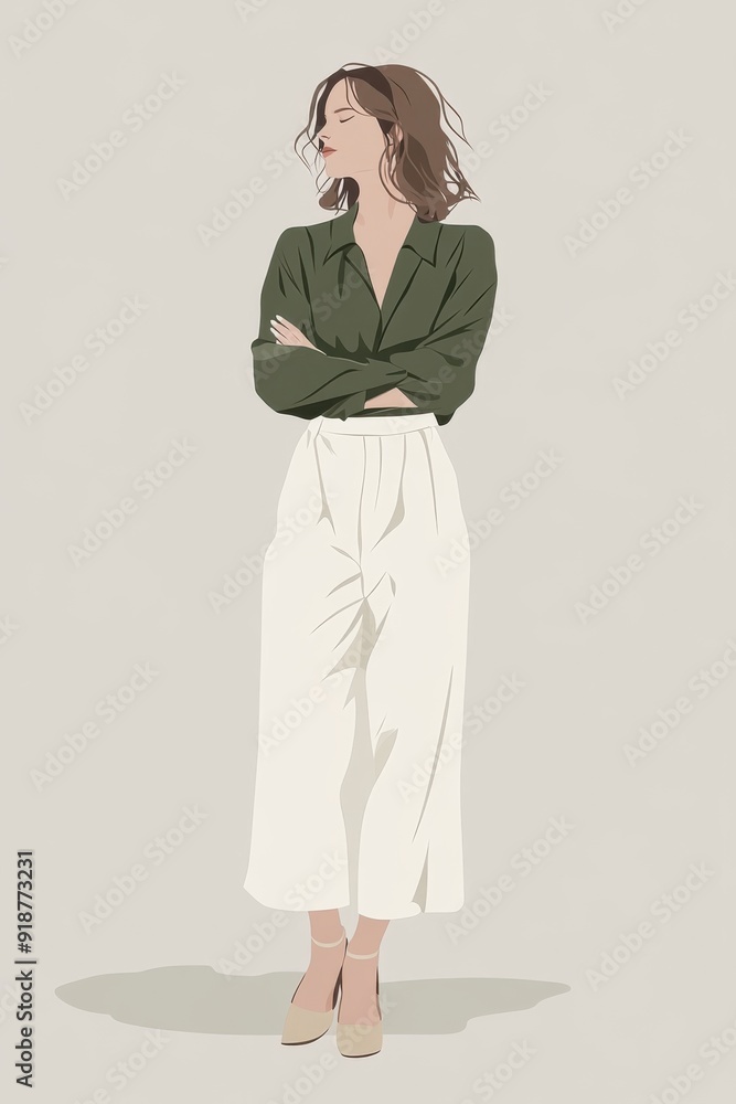 Minimalism illustration, a Caucasian woman, wearing a green silk blouse with white culottes and beige pointed-toe flats, with her arms crossed, chic fashion, boho, flat illustration Minimalism illustration, a Caucasian woman, wearing a green silk blouse with white culottes and beige pointed-toe flats, with her arms crossed, chic fashion, boho, flat illustration
