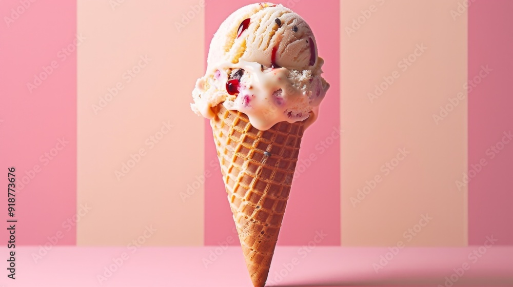 A scoop of ice cream in a cone on a pink background A scoop of ice cream in a cone on a pink background