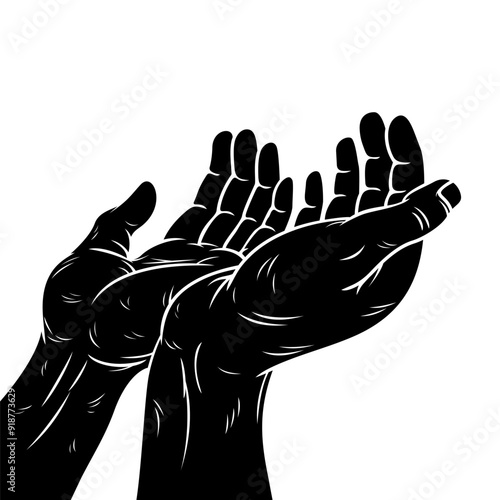 Praying hands vector illustration editable and scalable eps file. Black and white silhouette praying hands icon. Hand gestures of prayer, hope, forgiveness and help.