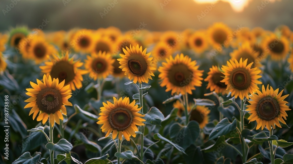 A field of sunflowers facing the setting sun, their golden petals glowing in the soft light of dusk. A field of sunflowers facing the setting sun, their golden petals glowing in the soft light of dusk.