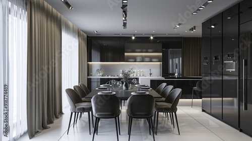 A large, modern kitchen with a black and white color scheme