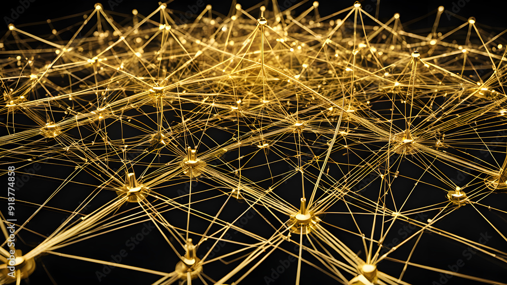 A complex 3D rendering depicting a network of lines and planes in luxurious gold, with intersecting paths and glowing accents representing the interconnectedness of wealth and success. A complex 3D rendering depicting a network of lines and planes in luxurious gold, with intersecting paths and glowing accents representing the interconnectedness of wealth and success.