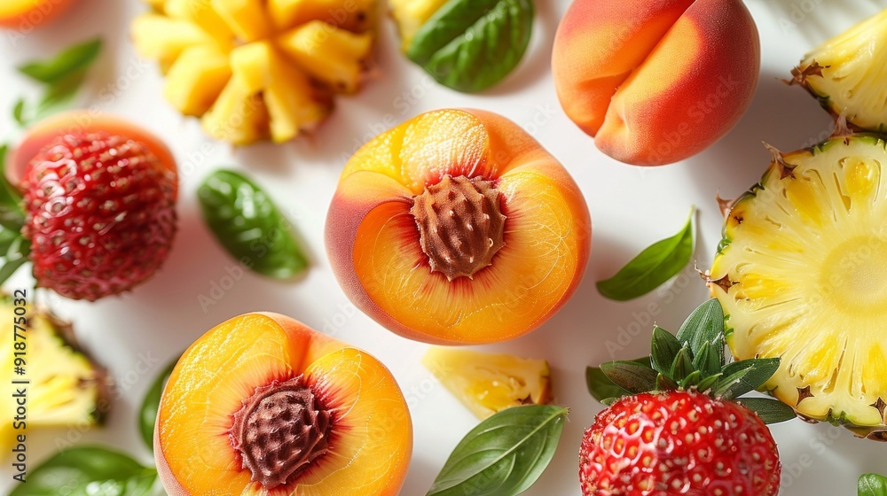 Naklejka premium A close up of a variety of fruits including a peach, strawberry, and pineapple