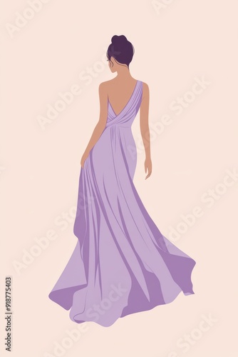 Minimalism illustration, an Asian woman, wearing a luxurious lavender gown with a draped neckline, standing with one hand slightly lifted, elegant fashion, boho, flat illustration on pale rose 