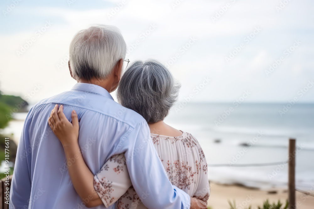 Rear view of senior couple embracing on beach on  sunny vacation day, Senior citizend day, elder couple,