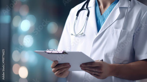 A perfect medical service male doctor standing and working with clipboard of medication history records in hospital, A Medicine and healthcare concept