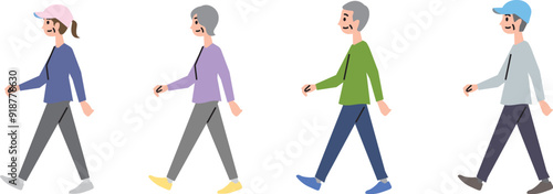 健康のためウォーキングする高齢者のイラスト素材
