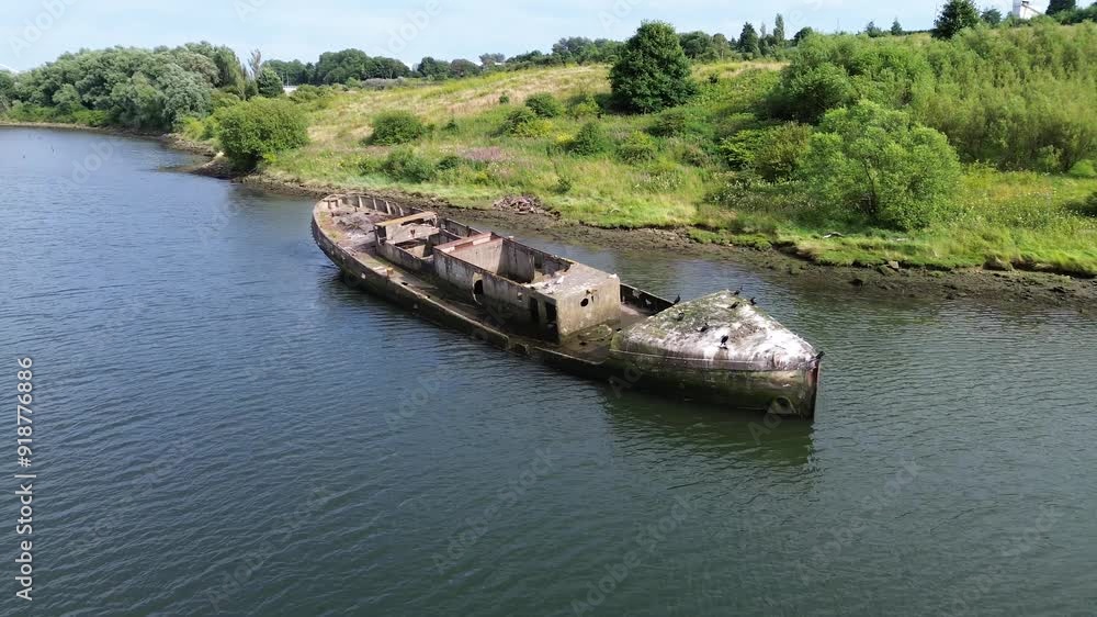Aerial orbit shot of Cretehawser Concrete Shipwreck on banks of River Wear - Sunderland, UK Aerial orbit shot of Cretehawser Concrete Shipwreck on banks of River Wear - Sunderland, UK