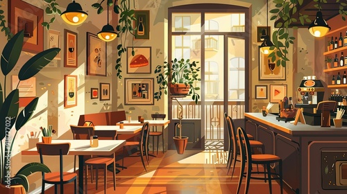 Italian trattoria, cozy dining scene, flat design illustration