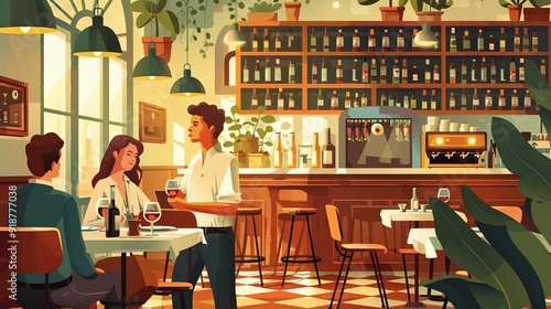 Italian trattoria, cozy dining scene, flat design illustration