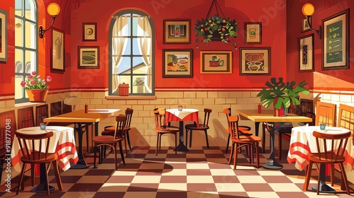 Italian trattoria, cozy dining scene, flat design illustration