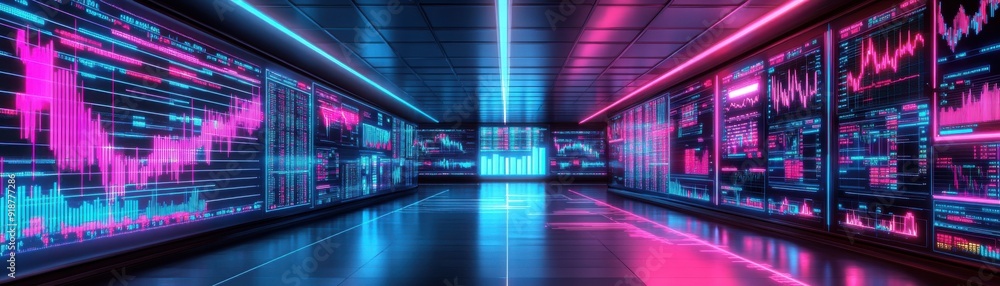 Futuristic digital corridor with vibrant neon lights and data visualizations, representing technology and finance innovation. Futuristic digital corridor with vibrant neon lights and data visualizations, representing technology and finance innovation.
