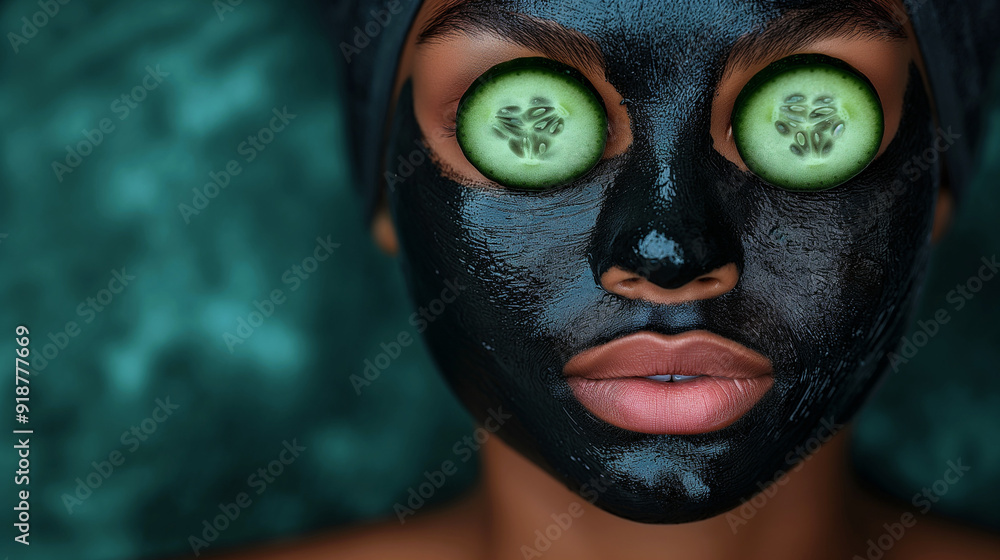 Closeup of a woman's face covered with black facial mask and two cucumber slices on her eyes Closeup of a woman's face covered with black facial mask and two cucumber slices on her eyes