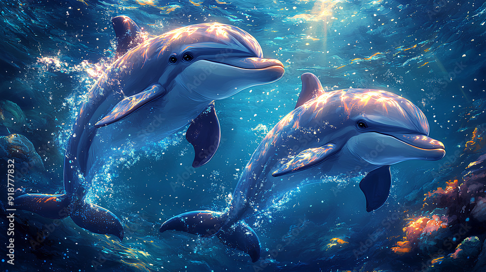 Fototapeta premium illustration of two cute dolphins with sea background