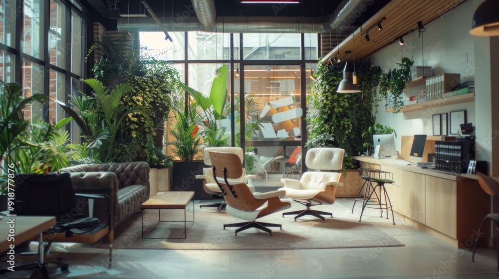 Fototapeta premium A modern office space with a lot of greenery and plants