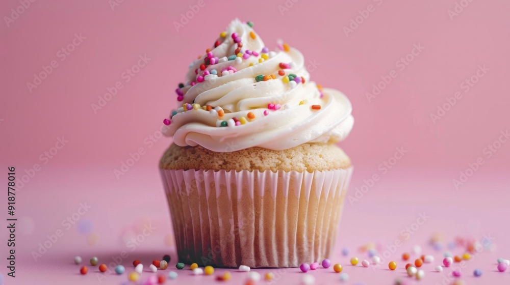 A cupcake with sprinkles on top of a pink background A cupcake with sprinkles on top of a pink background