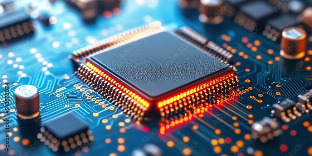 Close-Up of a CPU on a Circuit Board with Red LED Highlights Close-Up of a CPU on a Circuit Board with Red LED Highlights