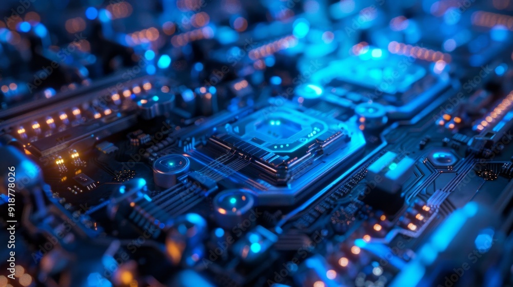 A close up of a computer chip with a blue background A close up of a computer chip with a blue background