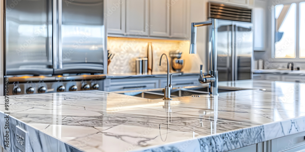Closeup of a Marble Kitchen Countertop with Faucet and Stainless Steel Appliances Closeup of a Marble Kitchen Countertop with Faucet and Stainless Steel Appliances
