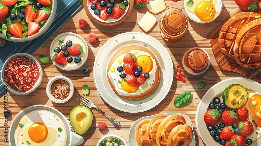 Gourmet breakfast, elegant presentation, flat design illustration Gourmet breakfast, elegant presentation, flat design illustration