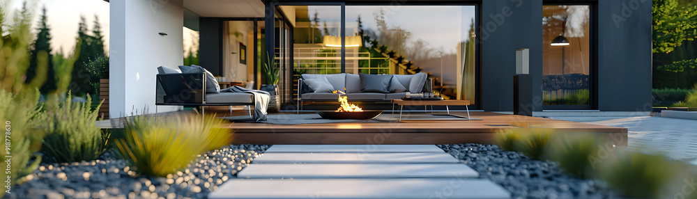 Modern Patio Design with Fire Pit and Lounge Furniture Illustration Modern Patio Design with Fire Pit and Lounge Furniture Illustration