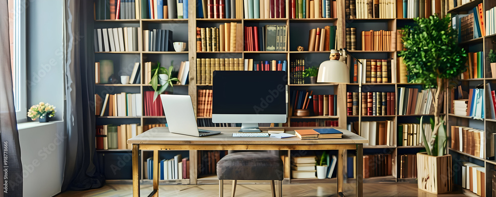 Home Office with Bookshelf and Desk - Realistic Image Home Office with Bookshelf and Desk - Realistic Image