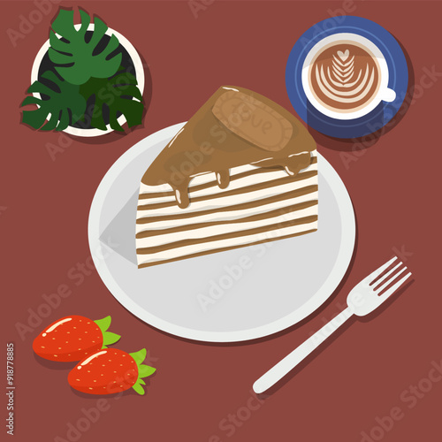 Vector illustration of A piece of Mille Crepes cake (pancake cake) with biscuit flavor menu design isolated 