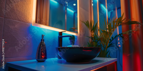 Modern Bathroom Sink with Neon Lights and Tropical Plant - Photo