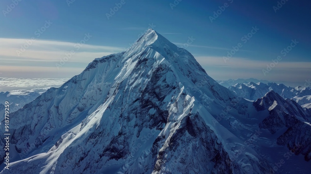 A mountain with a snow covered peak and a clear blue sky A mountain with a snow covered peak and a clear blue sky