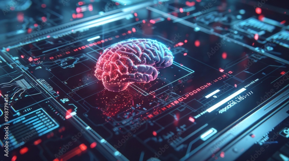 A computer screen shows a brain with red and blue colors A computer screen shows a brain with red and blue colors