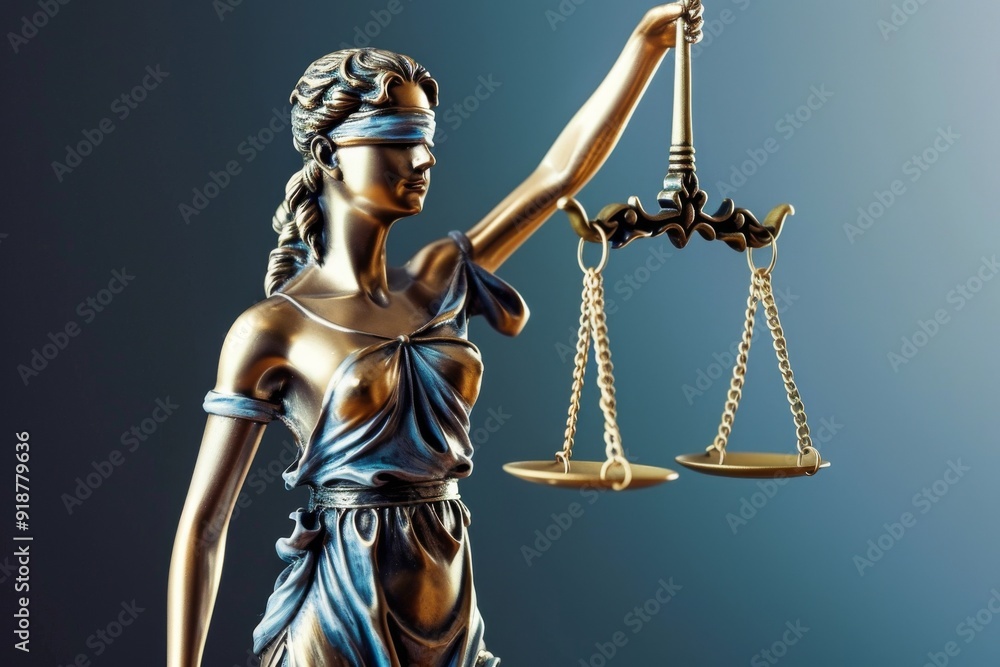 Hyper-Realistic 3D Illustration of Lady Justice Statue Holding Scales of Justice on Blue Background. Cinematic Lighting and Soft Shadows with Clean Focus and Film Grain Effect. Hyper-Realistic 3D Illustration of Lady Justice Statue Holding Scales of Justice on Blue Background. Cinematic Lighting and Soft Shadows with Clean Focus and Film Grain Effect.