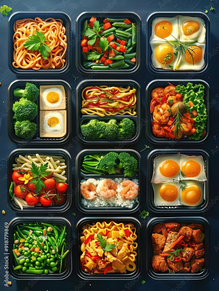 Food delivery service, assorted meals, flat design illustration Food delivery service, assorted meals, flat design illustration