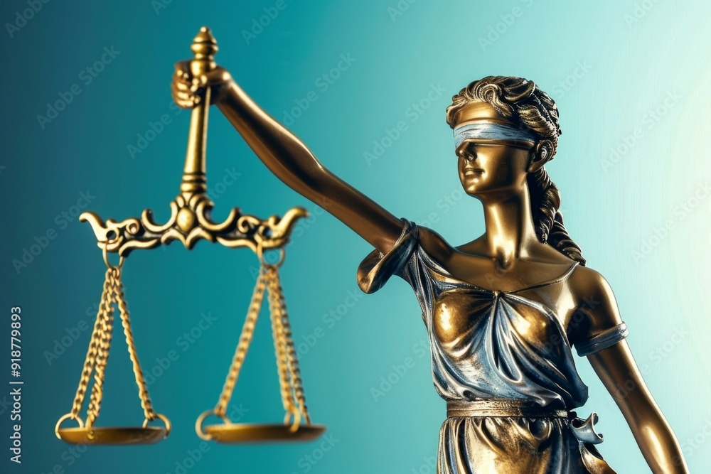 Hyper-Realistic 3D Illustration of Lady Justice Statue Holding Scales of Justice on Blue Background. Cinematic Lighting and Soft Shadows with Clean Focus and Film Grain Effect. Hyper-Realistic 3D Illustration of Lady Justice Statue Holding Scales of Justice on Blue Background. Cinematic Lighting and Soft Shadows with Clean Focus and Film Grain Effect.