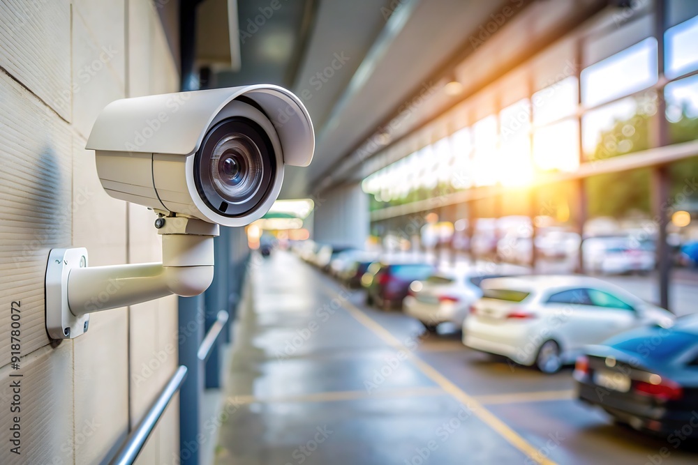 Security Camera on Wall with Blurred Parking Lot Background. Security Camera on Wall with Blurred Parking Lot Background.
