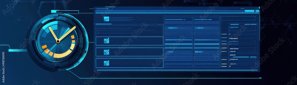 Futuristic interface displaying time metrics and data analysis with a blue metallic theme, ideal for technology and time management visuals. Futuristic interface displaying time metrics and data analysis with a blue metallic theme, ideal for technology and time management visuals.
