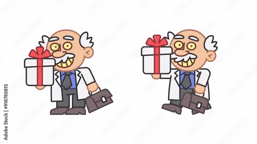 Professor holds gift box and walks. Alpha channel Professor holds gift box and walks. Alpha channel