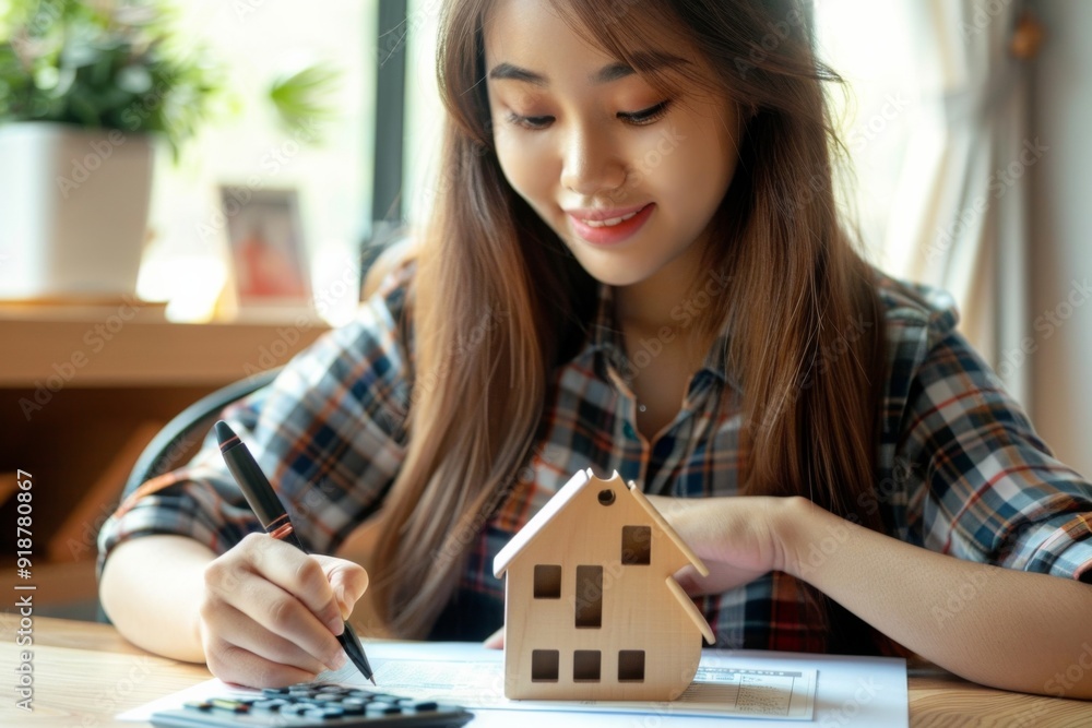 Asian Woman Holding Wooden House Model and Writing on Paper with Black Ink Pen at Desk, Smiling Happily with Natural Light, High Resolution Asian Woman Holding Wooden House Model and Writing on Paper with Black Ink Pen at Desk, Smiling Happily with Natural Light, High Resolution