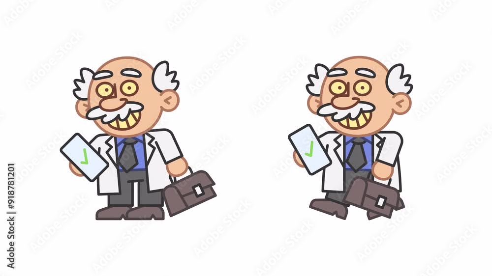 Professor holds mobile phone with done icon and walks. Alpha channel Professor holds mobile phone with done icon and walks. Alpha channel
