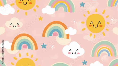 Cute Sun, Clouds, and Rainbows Pattern on Pink Background