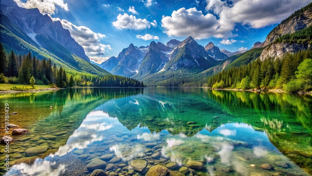 Naklejka premium Scenic view of a crystal-clear lake surrounded by majestic mountains , nature, water, landscape, serene, tranquil